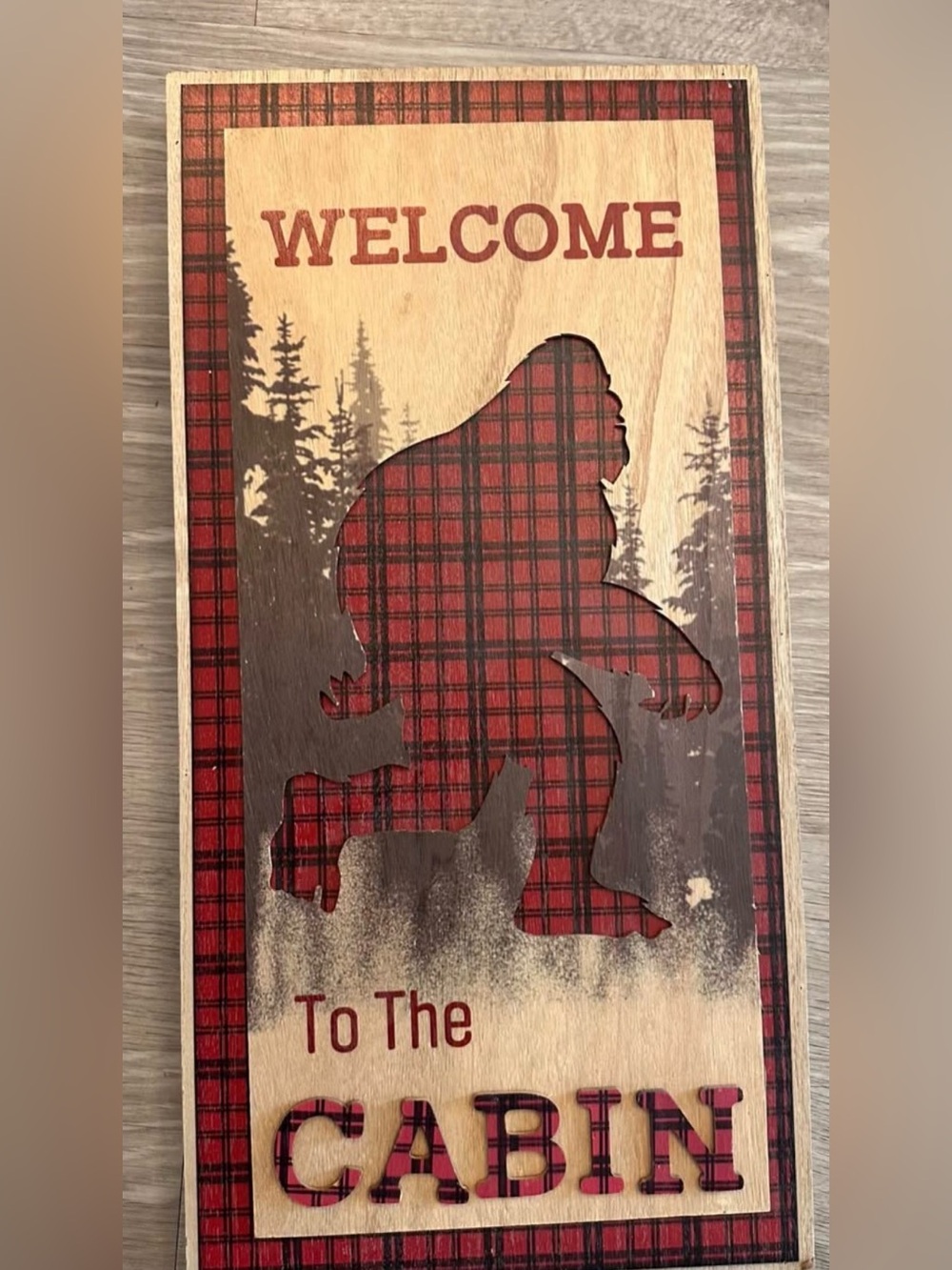 Welcome Cabin Plaid Bigfoot Wood Wall Sign - Red Plaid 20”X10”